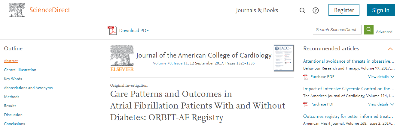 Care Patterns and Outcomes in Atrial Fibrillation Patients With and Without Diabetes (ORBIT-AF Registry)