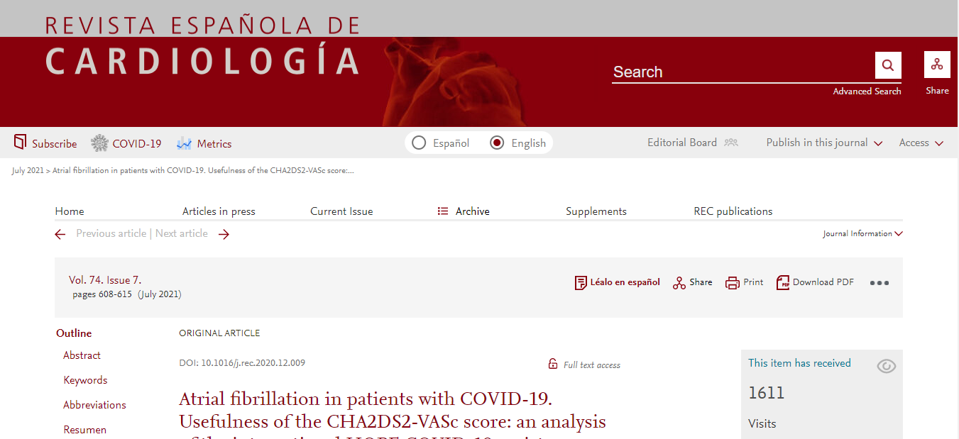 Atrial fibrillation in patients with COVID-19. Usefulness of the CHA2DS2-VASc score: an analysis of the international HOPE COVID-19 registry [aka HOPE COVID registry]