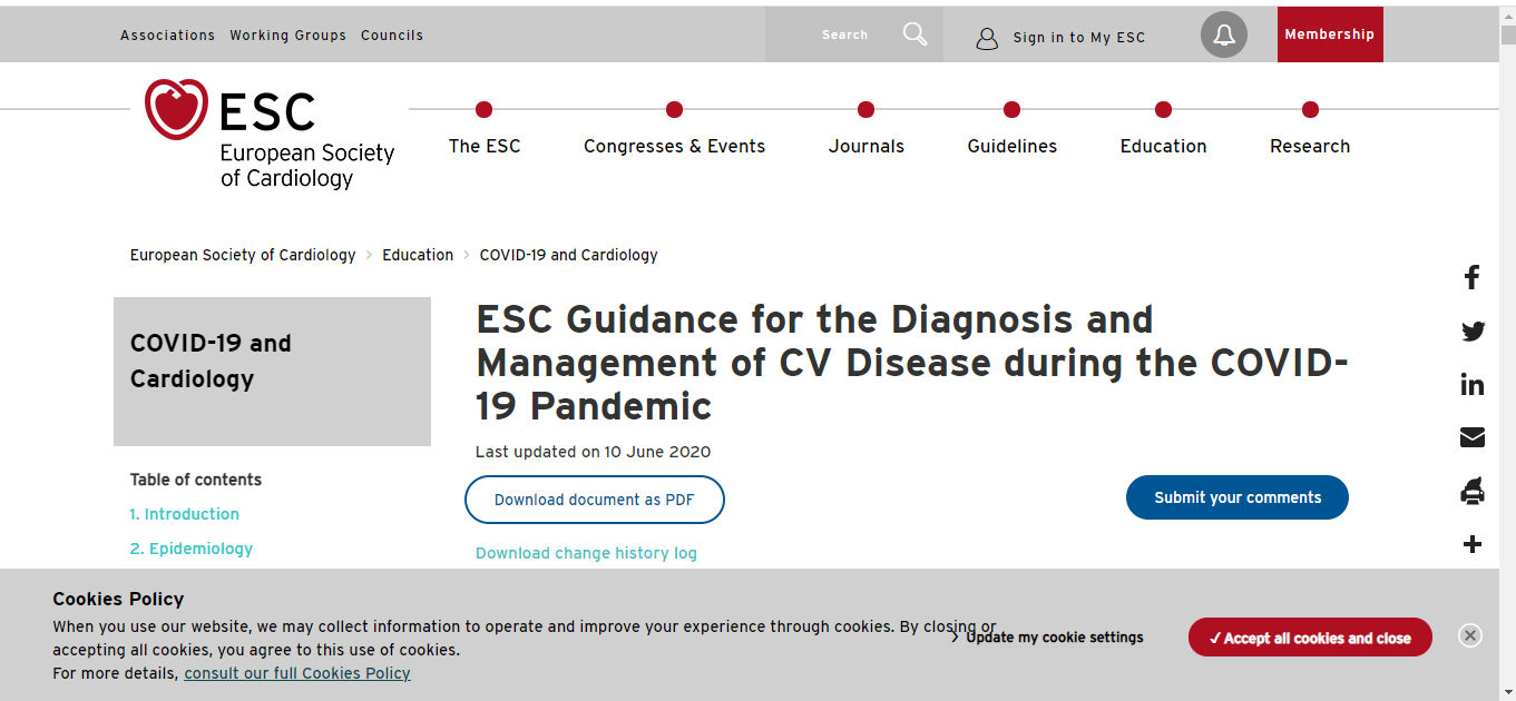 ESC Guidance for the Diagnosis and Management of CV Disease during the COVID-19 Pandemic [aka ESC Guidance COVID-19 Pandemic]