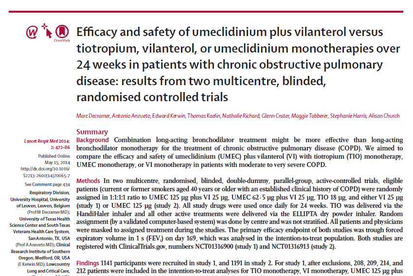 Efficacy and safety of umeclidinium plus vilanterol versus tiotropium, vilanterol, or umeclidinium monotherapies over 24 weeks in patients with chronic obstructive pulmonary disease: results from two multicentre, blinded, randomised controlled trials Doses in Moderate-to-Very-Severe COPD