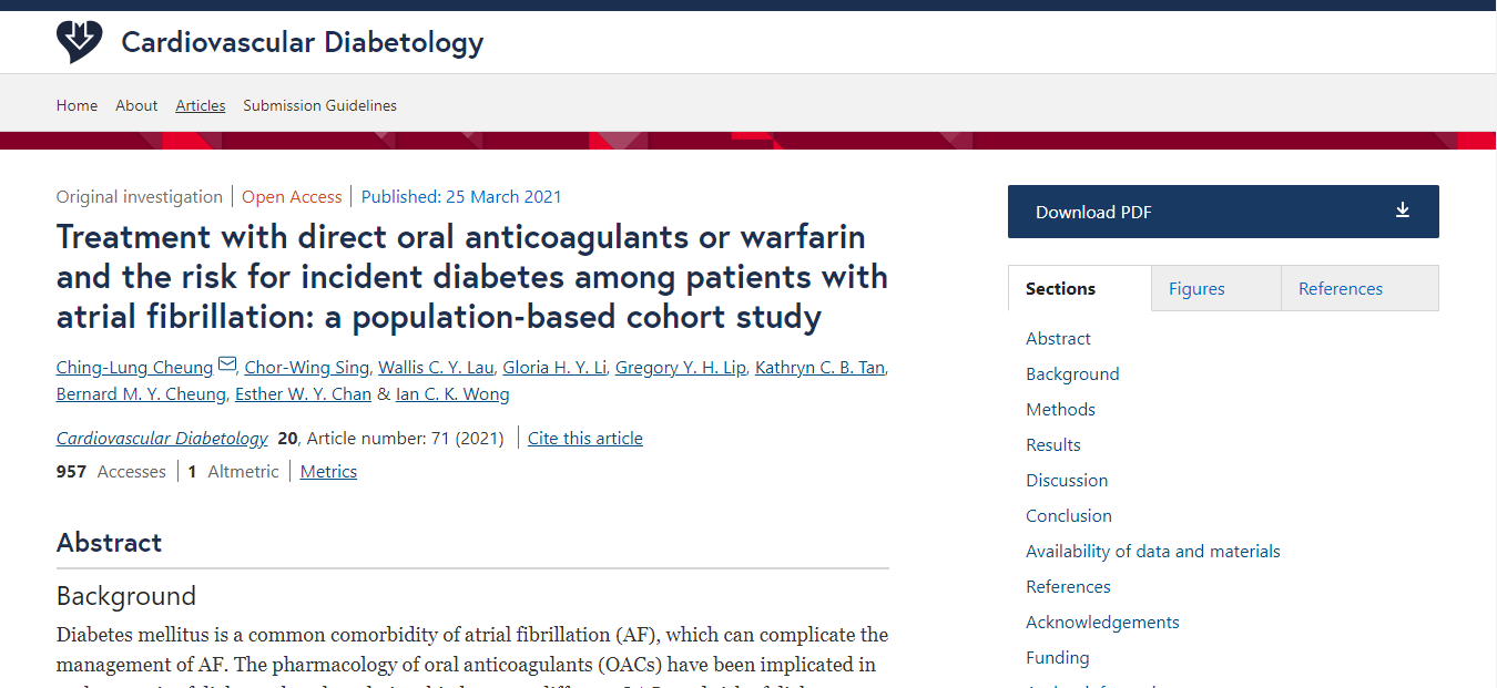 Treatment with direct oral anticoagulants or warfarin and the risk for incident diabetes among patients with atrial fibrillation: a population‐based cohort study