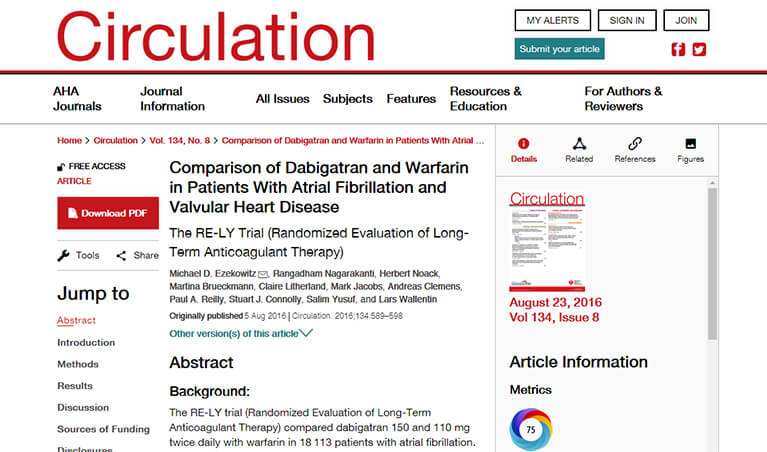 Comparison of Dabigatran and Warfarin in Patients With Atrial Fibrillation and Valvular Heart Disease