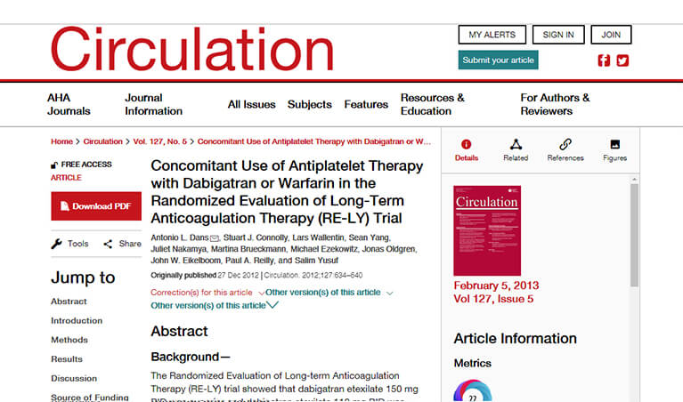 Concomitant Use of Antiplatelet Therapy with Dabigatran or Warfarin in the Randomized Evaluation of Long-Term Anticoagulation Therapy (RE-LY) Trial