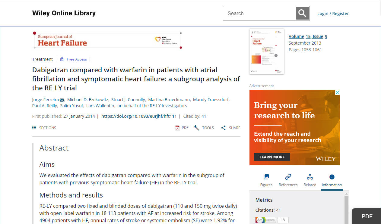 Dabigatran compared with warfarin in patients with atrial fibrillation and symptomatic heart failure: A subgroup analysis of the RE-LY trial