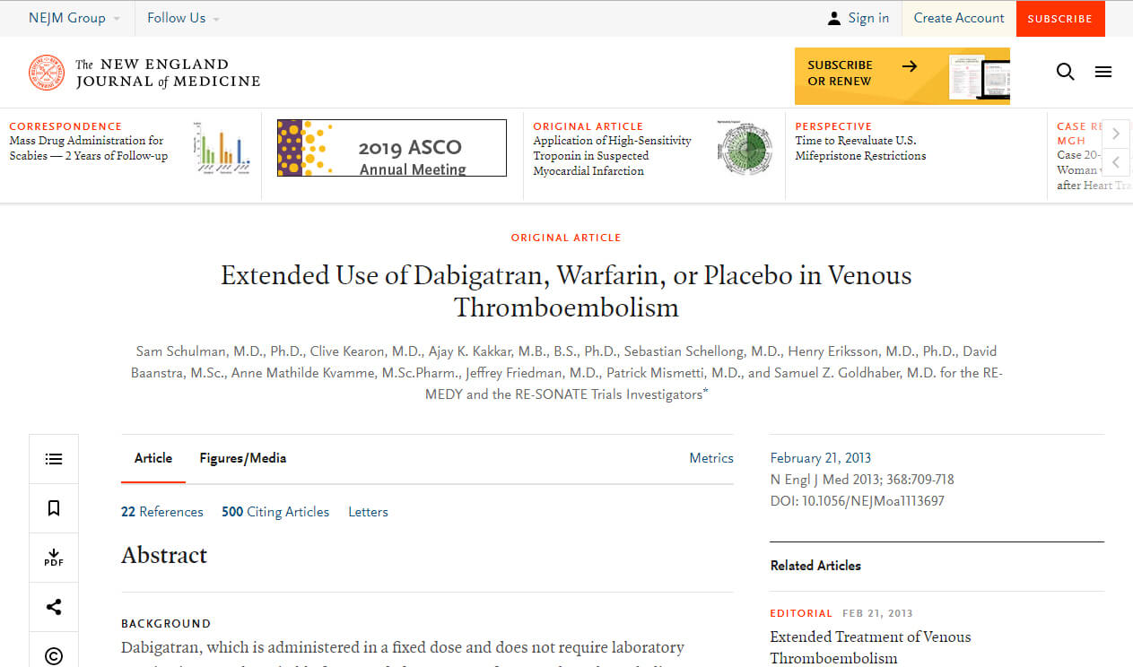 Extended Use of Dabigatran, Warfarin, or Placebo in Venous Thromboembolism