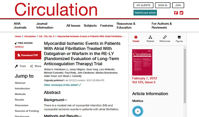 Myocardial Ischemic Events in Patients With Atrial Fibrillation Treated With Dabigatran or Warfarin in the RE-LY (Randomized Evaluation of Long-Term Anticoagulation Therapy) Trial