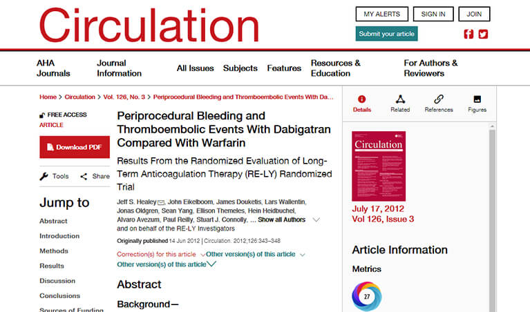 Periprocedural Bleeding and Thromboembolic Events With Dabigatran Compared With Warfarin