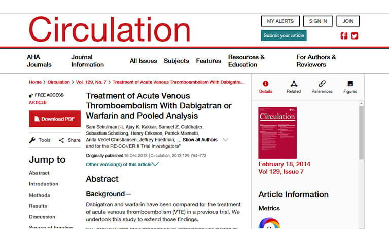 Treatment of Acute Venous Thromboembolism With Dabigatran or Warfarin and Pooled Analysis